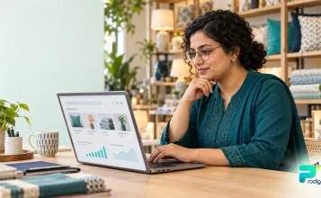 Pakistani retail business owner in Lahore reviewing Google Ads search campaign results on a laptop