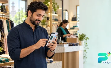 Pakistani retail shop owner in Lahore reviewing Meta Ads and social media enquiries on his smartphone