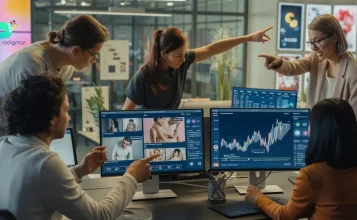 Team using AI video editing tools and analytics screens in a modern marketing office.