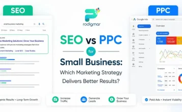 SEO vs PPC for small business comparison graphic.