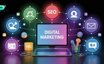 Hero image showing interconnected digital marketing icons representing the 7 core pillars of modern digital marketing.