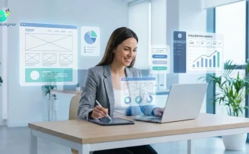 Small business owner working on modern website design with laptop and tablet, showcasing user-friendly digital interface and growth-focused design elements.